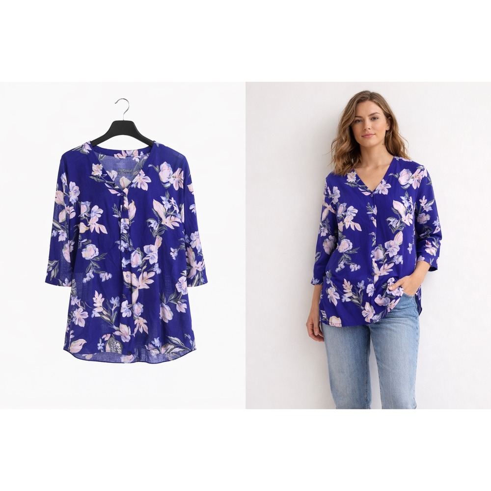 St John's Bay Floral Top Women 2X Plus‎ Blue Rayon 3/4 Sleeve V-Neck Resortwear